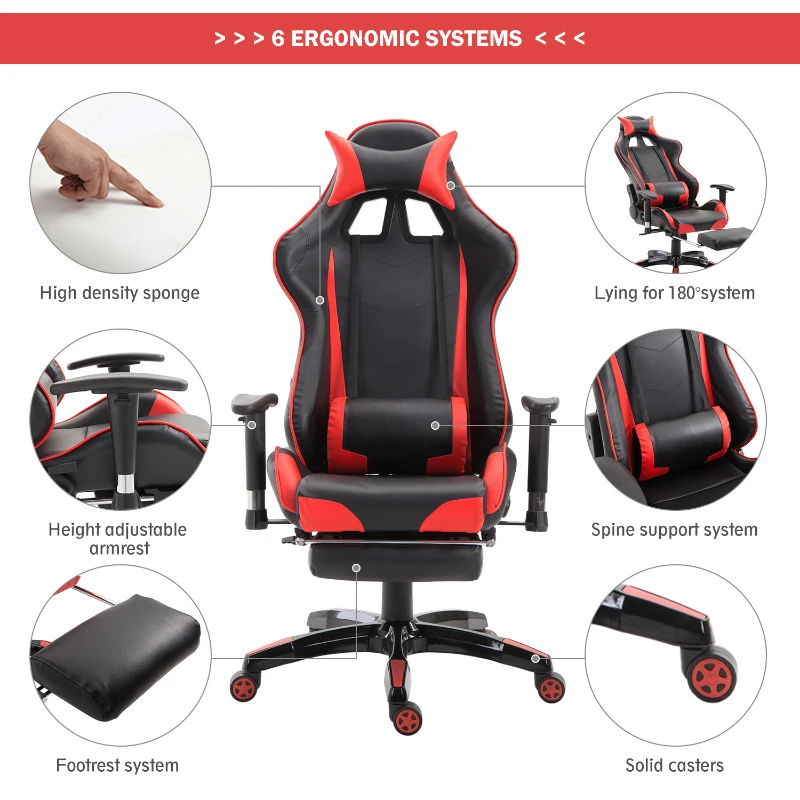 HOMCOM High Back Gaming Office Chair Bucket Seat with Retractable Footrest Racing Style Adjustable Swivel Recliner Red