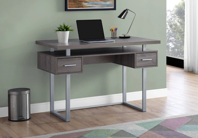 Monarch 48" Contemporary Wood-look and Metal Computer Writing Desk - Dark Taupe / Silver Metal