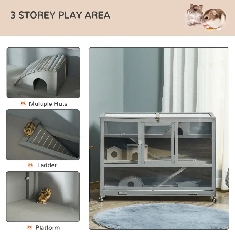 PawHut Wooden 3-Tier Hamster Cage Hutch Box with Ladder Wheels for Small Animals, Dark Gray