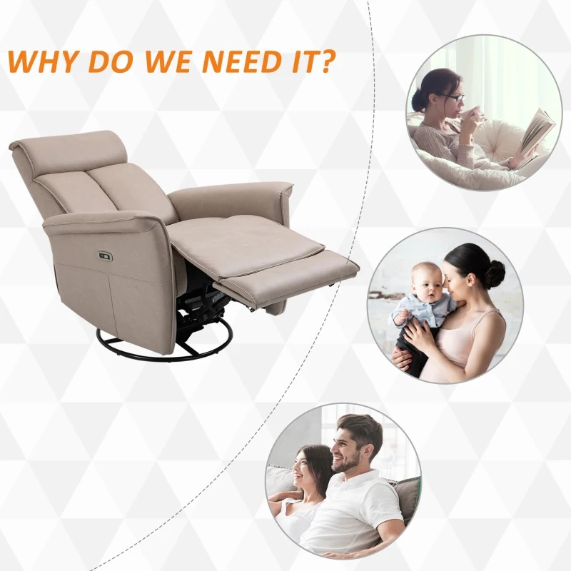 HOMCOM Modern Electronic Power Recliner with 360 Swivel Rotation, USB Charging Port and Footrest, Brown