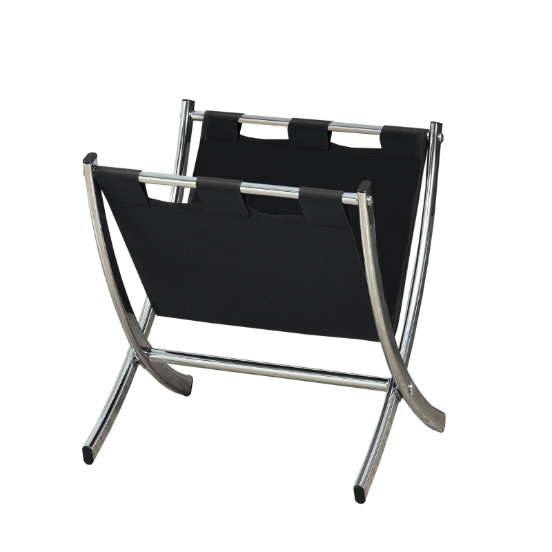 Monarch PU Leather Sling Chrome Metal Framed Magazine Storage Rack - Black Finish