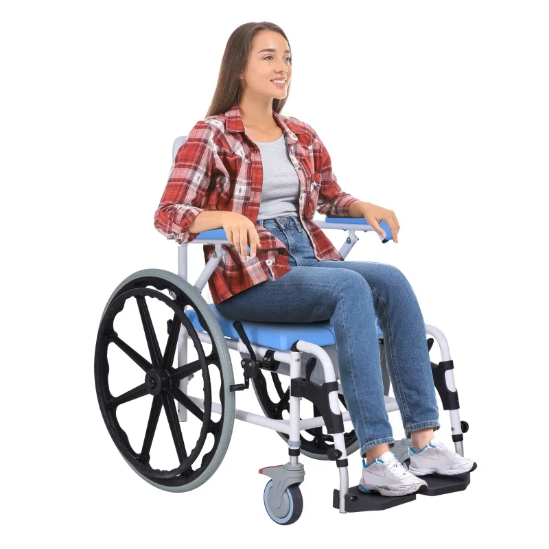 HomCom Rolling Shower Wheelchair Bath Toilet Commode Bariatric with 24" Wheels, Detachable Bucket & Shower-Proof Design, 17" Seat Width, Blue