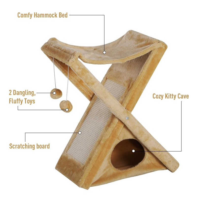 PawHut Fold-and-Store Cat Tower Kitty Activity Tree Center Scratcher Cave Hammock w/Hanging Balls Yellow