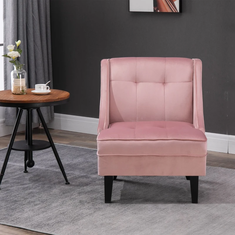 HOMCOM Upholstered Accent Chair Modern Winged Tufted Contemporary Single Sofa Chair with Rubber Wood Legs, Thick Padding Mid-Back, and Wings for Living Room Bedroom, Pink