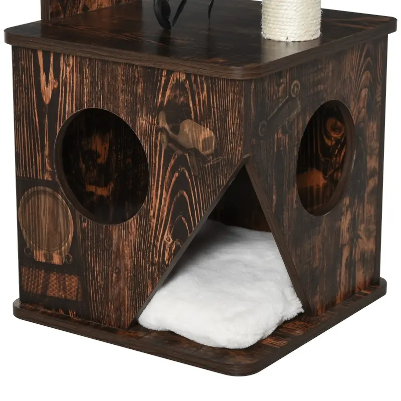 PawHut 2-Level Cat Tree Wooden Activity Tower for Pets with Super Soft Cushions, Fun Cat Feather Rope, and Scratch Posts