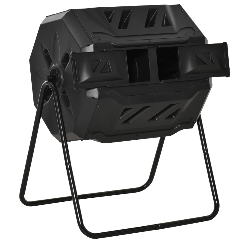 Outsunny Garden Compost Bin with Dual Rotating Tumbler, Outdoor Composter with Sliding Doors, Black