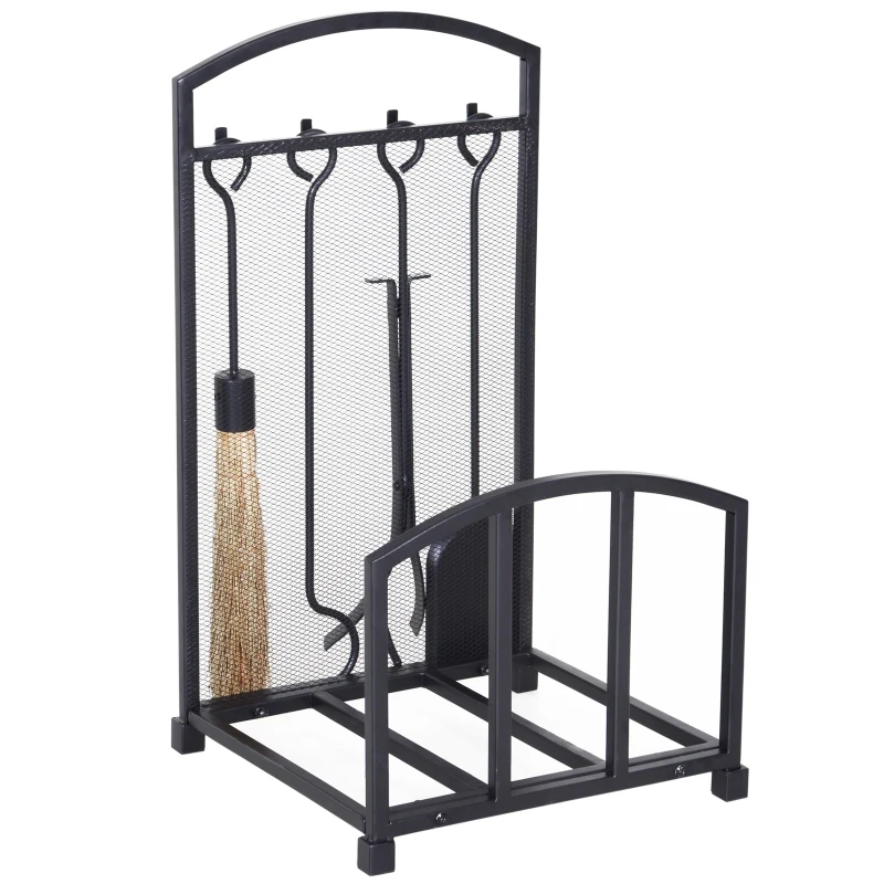 HOMCOM 4-Piece Iron Firewood Rack Wood Rack Tools Set: Brush  Shovel  Tong  Hook Black