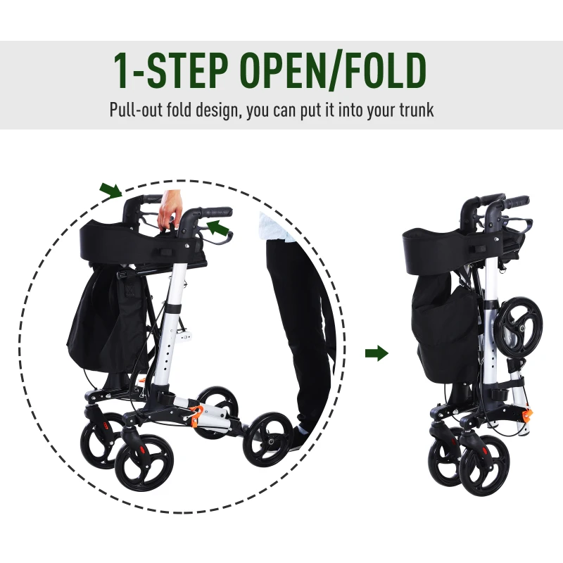 HOMCOM Rollator Walker 1-Step Open with Seat  Storage  Wheelchair