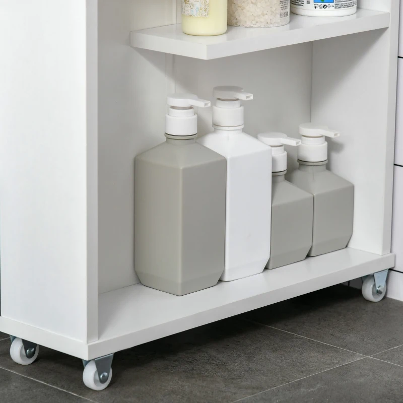 Kleankin Slim Bathroom Cabinet with Castor Wheels Storage Organizer and Wood Shelves To Fit In Small Spaces, White