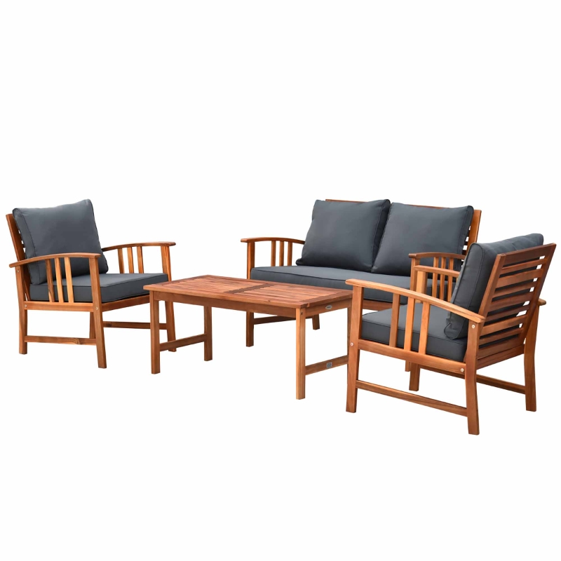 Outsunny 4 Piece Acacia Wood Outdoor Patio Chair Set - Teak / Grey