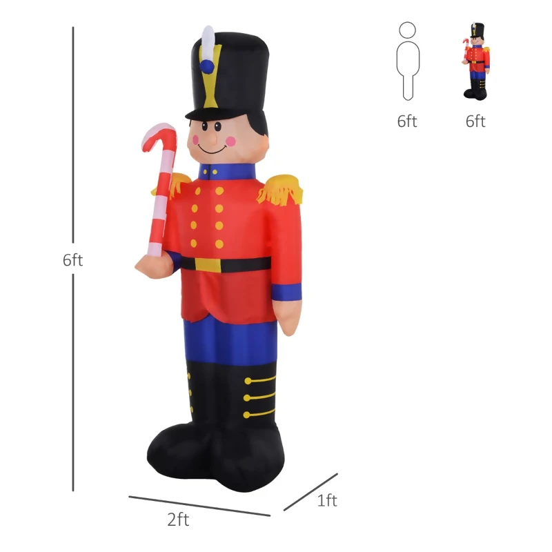 HOMCOM 6ft Christmas Inflatable Nutcracker Toy Soldier with Candy Cane, Outdoor Blow-Up Yard Decoration with LED Lights Display