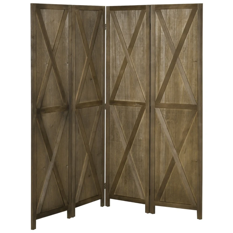 HOMCOM 4 Panel Folding Room Divider, 5.5ft Tall Freestanding Paulownia Wood Wall Divider Panels for Indoor Bedroom Office, Brown