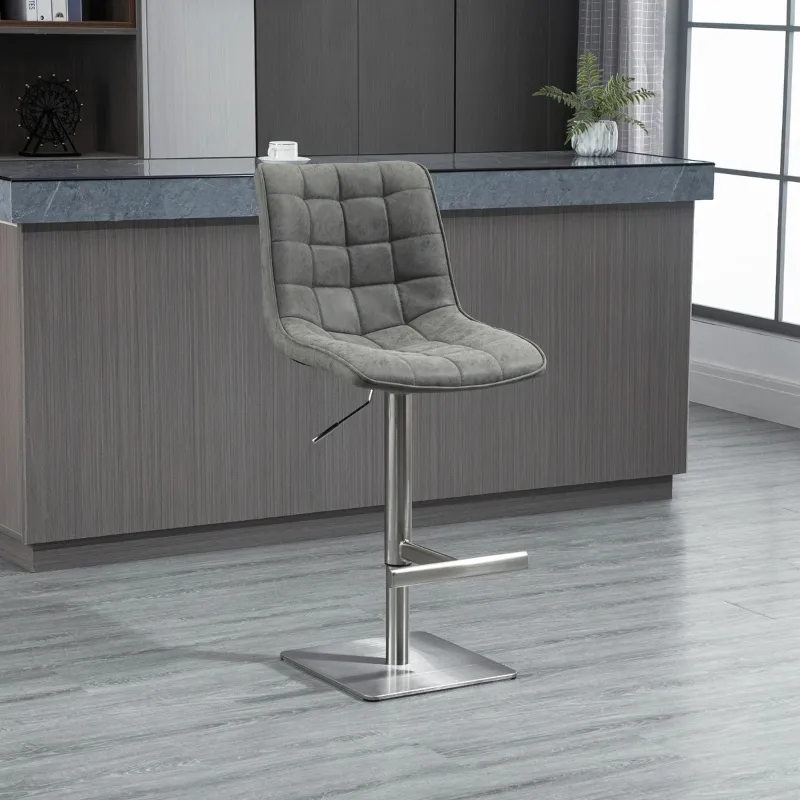HOMCOM Vintage PU Leather Bar Stool with Stainless Steel Base, Adjustable Counter Height Bar Chair Swivel Barstool with Back, Footrest, Grey