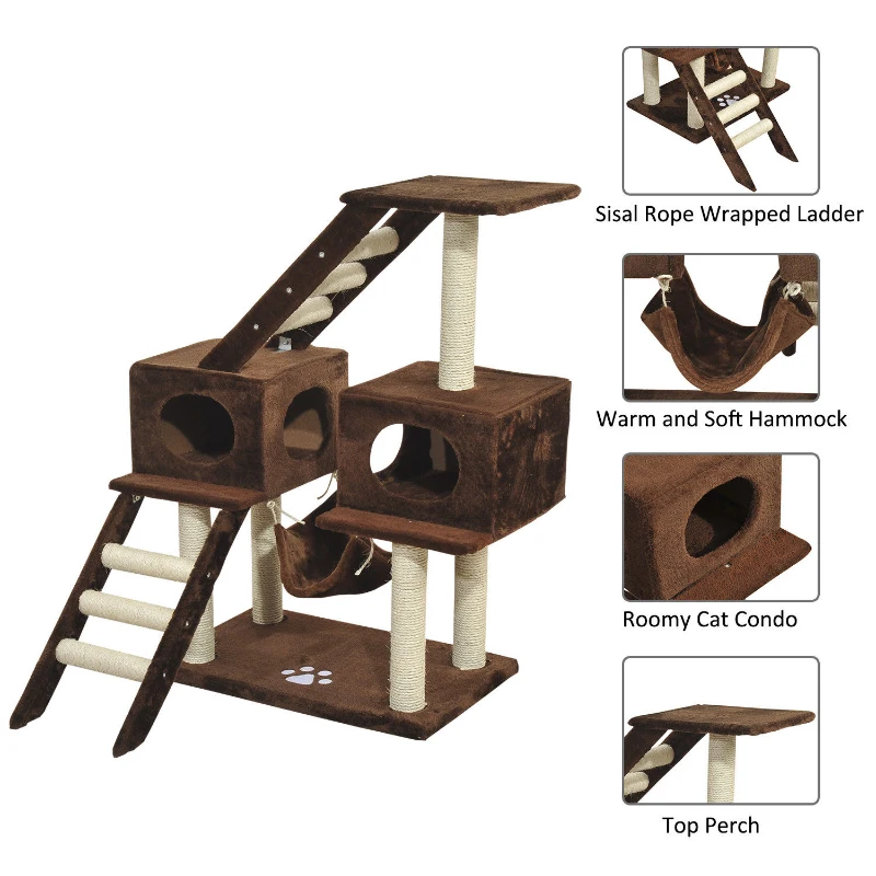 PawHut 42.8Inch Scratching Cat Tree Climber Tower Condo with Hammock Post Brown