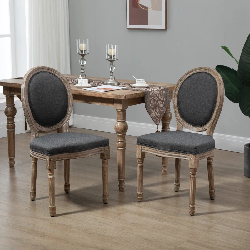HOMCOM Vintage Armless Dining Chais Set of 2, French Chic Side Chairs with Curved Backrest Linen Upholstery for Kitchen Living Room, Grey