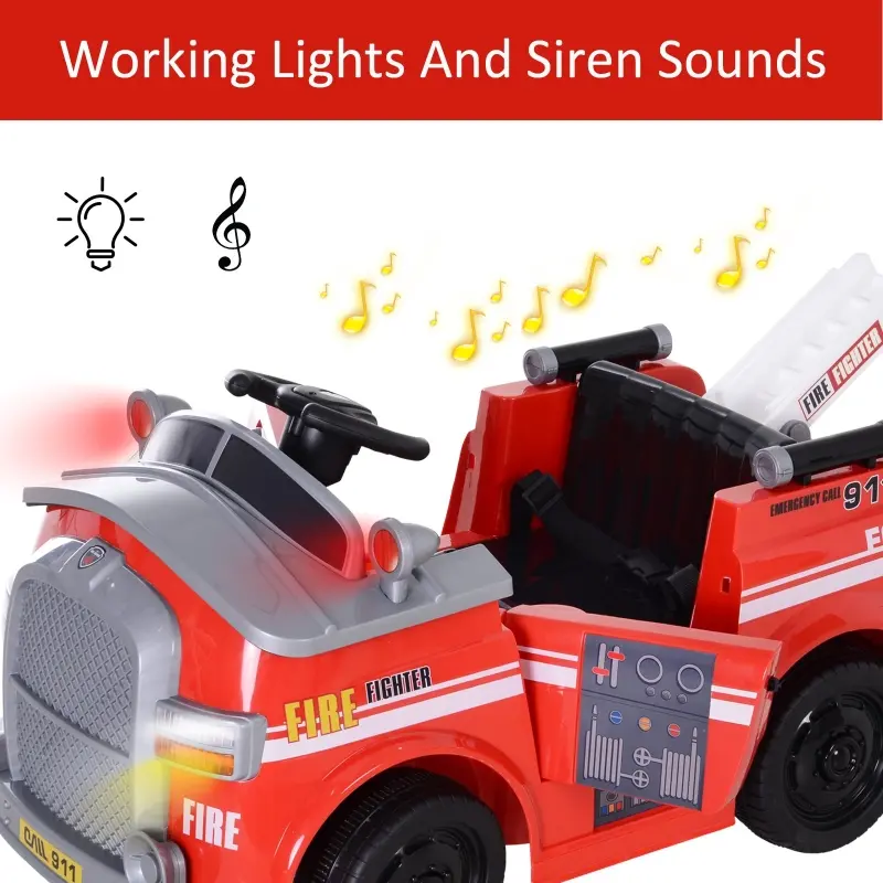 Aosom 6V Electric Ride-On Fire Truck Vehicle for Kids with Remote Control Music Lights and Ladder