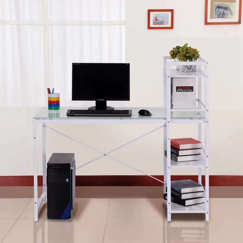 Open Box HomCom 50" Modern Office Desk With Storage Shelves Bookcase - White