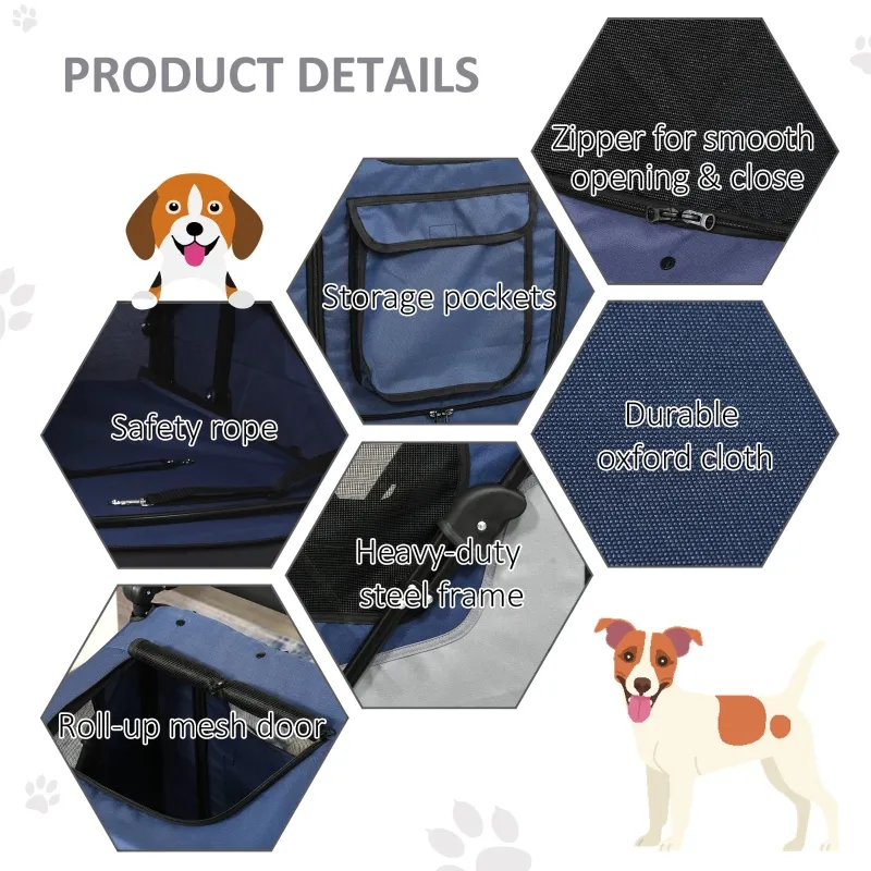 PawHut Pet Stroller Foldable Dog Cat Carriage with Adjustable Handlebar Brake, Storage Bag, Mesh Window, Safety Leash, Blue