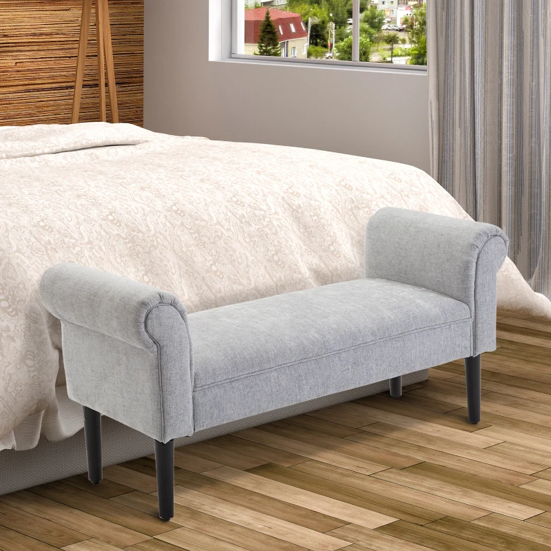 HOMCOM 52" Linen Upholstered Accent Ottoman Bench With Armrests, Light Gray