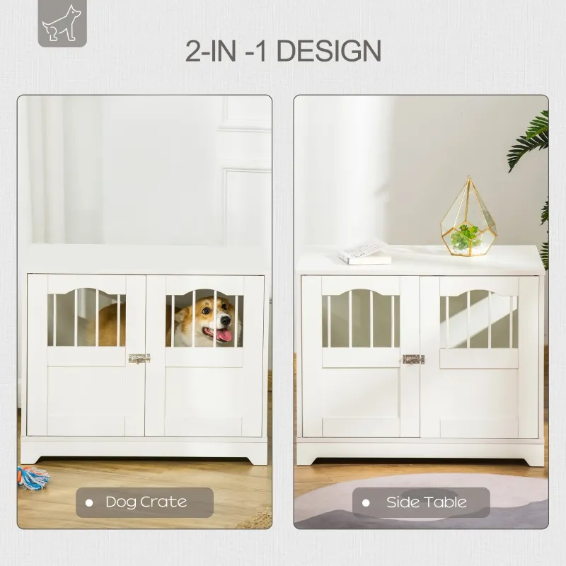 PawHut 29.5" Wooden Dog Cage with Windows, End Table Furniture Style, Modern Pet Kennel with Lockable Doors Elevated Base for Small and Medium-sized Dogs, White