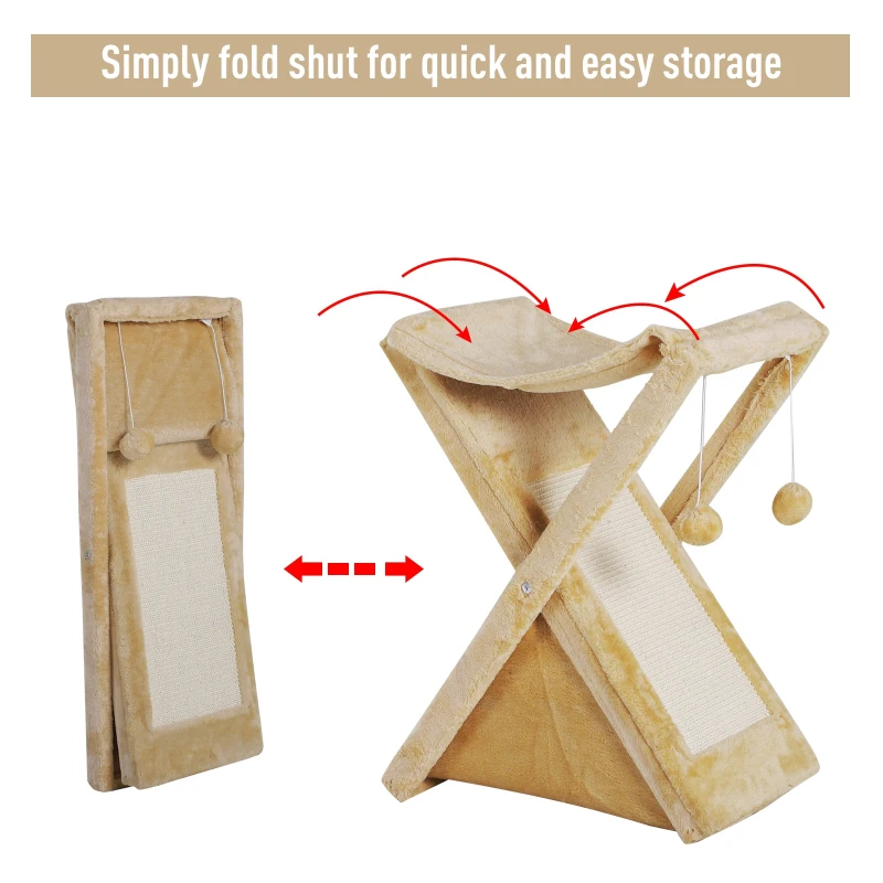 PawHut Fold-and-Store Cat Tower Kitty Activity Tree Center Scratcher Cave Hammock w/Hanging Balls Yellow