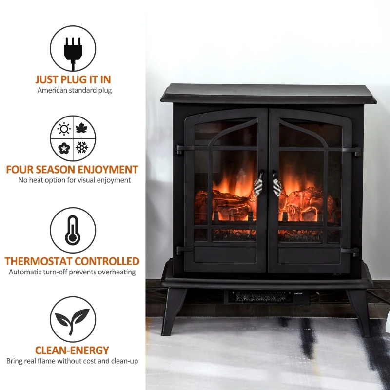 HOMCOM Electric Fireplace Heater, Fireplace Stove with Realistic LED Flames and Logs, Remote Control and Overheating Protection, 1400W, Black