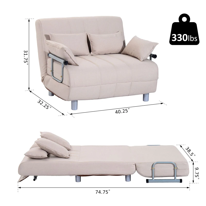 HOMCOM 3-in-1 Convertible Chair Sofa Bed Lounger Folding Bed with Adjustable Backrest and 4 Pillows Beige