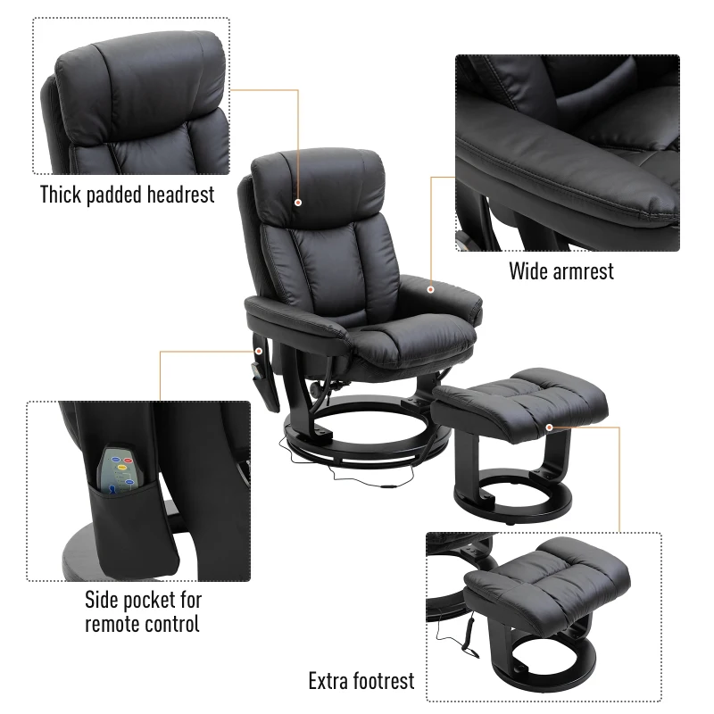 HOMCOM PU Leather Massage Sofa Recliner Chair with Ottoman Heated 10 Point Vibration Swiveling Armchair, Black