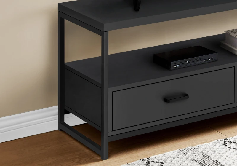 Monarch 48" 2-Tier Open Concept TV Stand with Metal Frame, Storage Drawers and Shelves - Black / Black Metal
