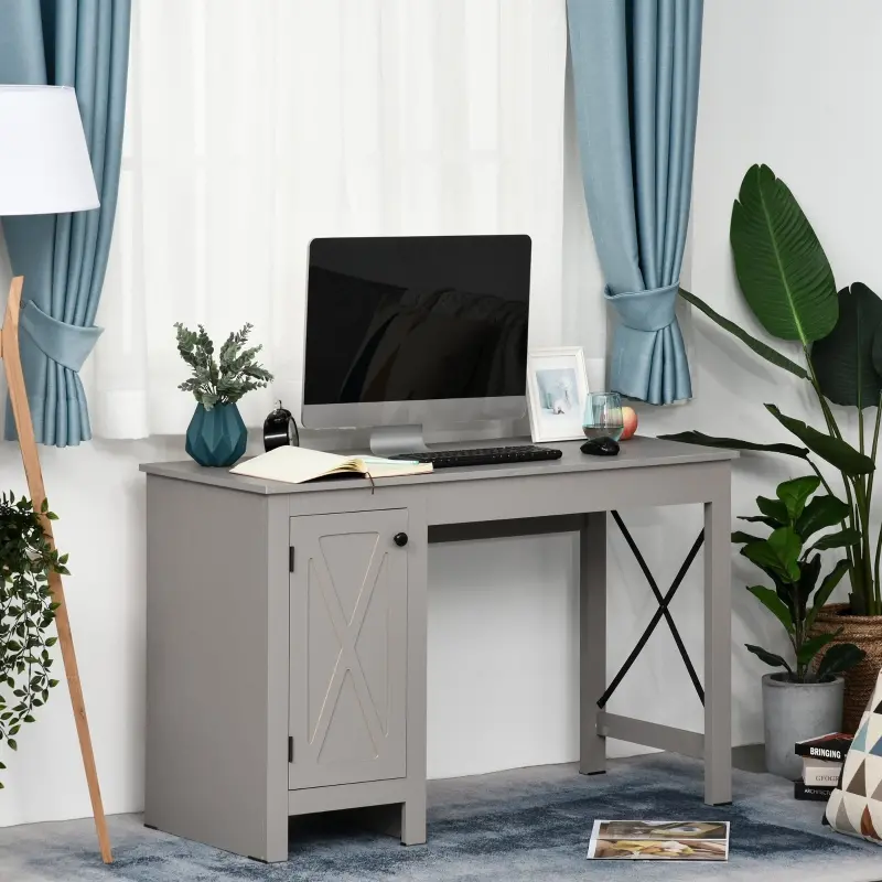 HOMCOM Home Office Writing Desk with Lower Storage Cabinet and X Bar Metal Frame, Grey