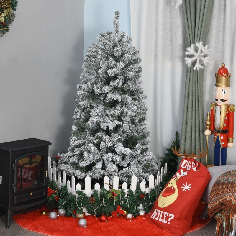 HOMCOM 4.5ft Tall Pre-Lit Snow-Flocked Artificial Christmas Tree with Realistic Branches, 200 Warm White LED Lights and 400 Tips