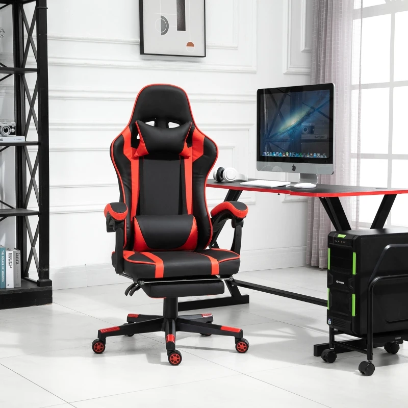 Vinsetto High Back Gaming Chair, PU Leather Racing Style Gamer Computer Chair with Retractable Footrest with Lumbar Support, Pillow and Adjustable Padded Armrests, Red