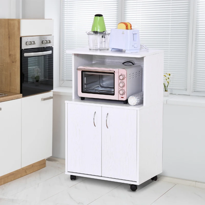 HOMCOM Microwaves Cart on Wheels with Storage Shelf and Cabinet White Oak Grain Color