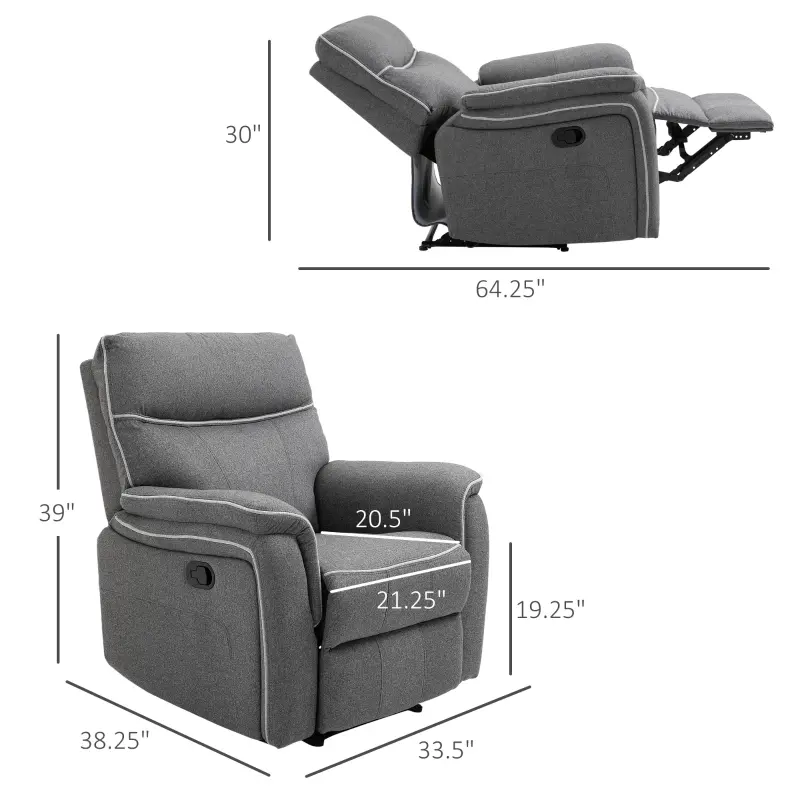 HOMCOM Manual Recliner Armchair with Thick Padded Headrest, Back and Footrest and Adjustable 150 Degree Angle, Grey