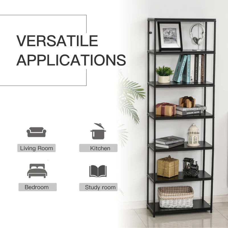 HOMCOM Modern 7 Tier Bookshelf Bookcase Utility Storage Shelf Organizer for Home Office with Display Rack Metal Frame, Walnut