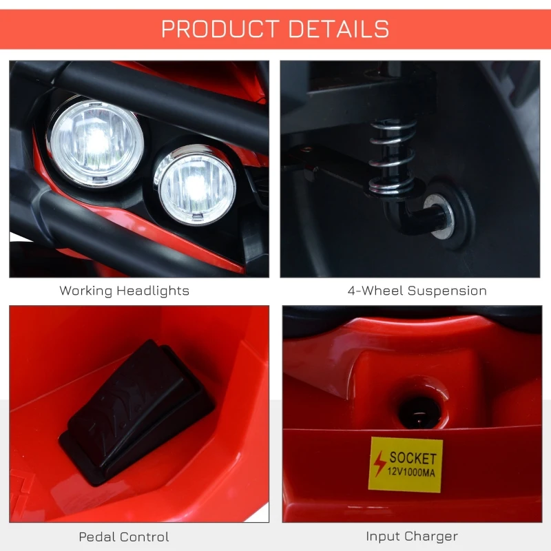 Aosom 12V Kids ATV Ride-on Four Wheeler Car with Bluetooth MP3 Real Working Headlights, Music/Radio Player, & Smooth Suspension, Red