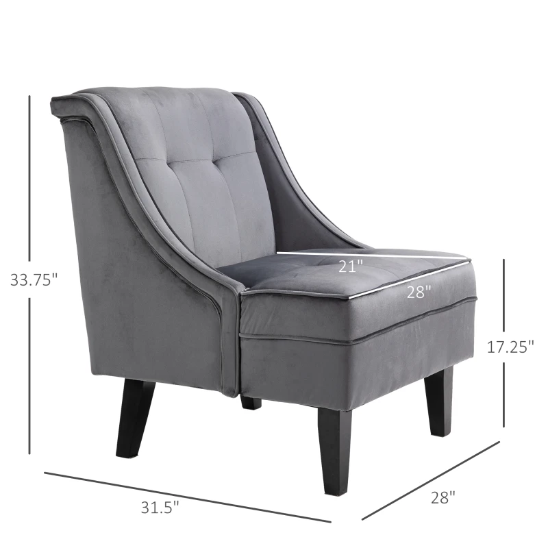 HOMCOM Upholstered Accent Chair Modern Winged Tufted Contemporary Single Sofa Chair with Rubber Wood Legs, Thick Padding Mid-Back, and Wings for Living Room Bedroom, Grey