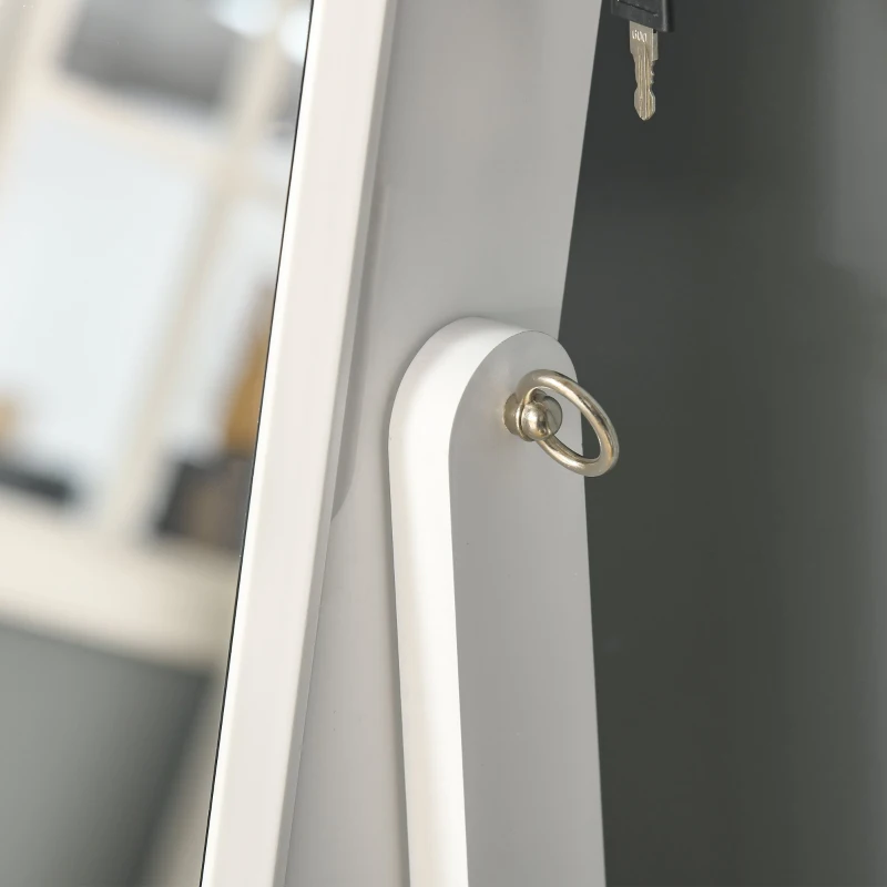 HOMCOM Floor Standing Jewelry Cabinet, Lockable Jewelry Organizer with Full-Length Mirror, and 3 Adjustable Angles, White