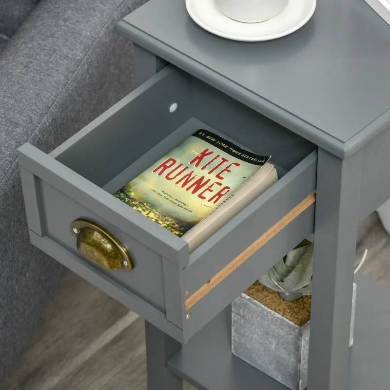 HOMCOM 2-Tier Tall Side Table, Nightstand End Table w/ Drawer & Bottom Shelf for Living Room, Bedroom, Gray