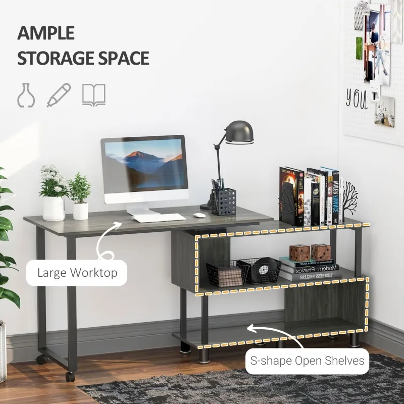 HOMCOM Mobile L-Shaped Rotating Computer Desk with Storage Shelves Moveable Rolling Writing Table Home Office Study Workstation for Home Office, Grey