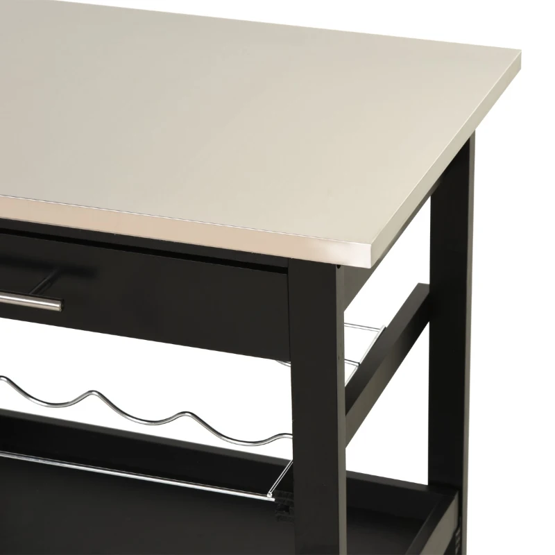 HOMCOM Pine 3-Tier Multifunction Kitchen Rolling Island Cart with Open Storage Shelves, Wine Rack & Stainless Steel Top