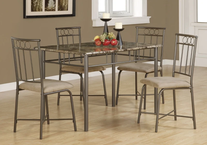 Monarch 5 Piece 47" Rectangular Marble-Look Metal Framed Table and Chairs Dining Set - Cappuccino / Bronze