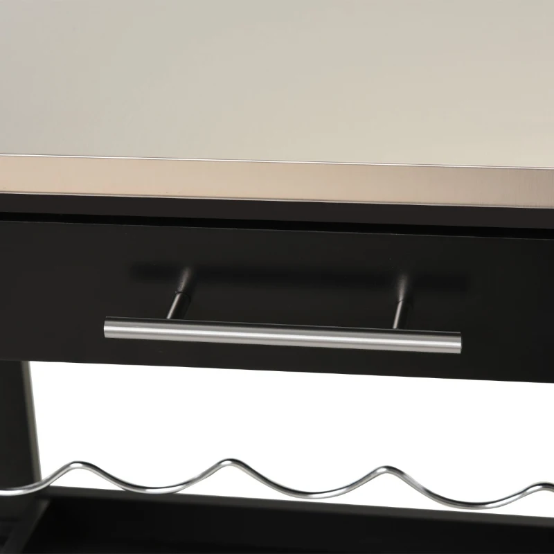 HOMCOM Pine 3-Tier Multifunction Kitchen Rolling Island Cart with Open Storage Shelves, Wine Rack & Stainless Steel Top