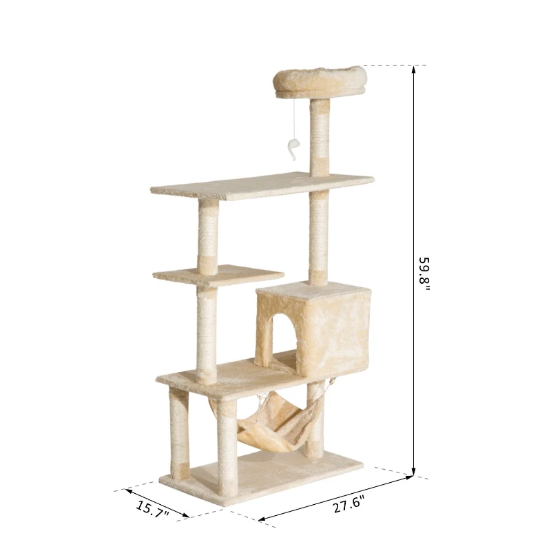 PawHut 60" Cat Tree Scratching Condo Furniture Kitty Activity Center with Hanging Toy Beige