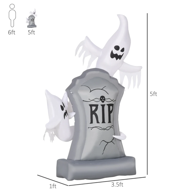HOMCOM 5.1 ft Inflatable Ghosts with Tombstone, Halloween Outdoor LED Light Yard Display, Waterproof