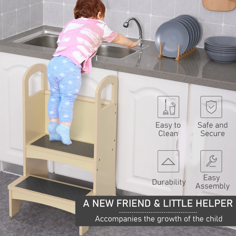 Qaba Toddler Tower Kitchen Helper for Children with 2 Non-Slip Steps and Support Handles - Natural
