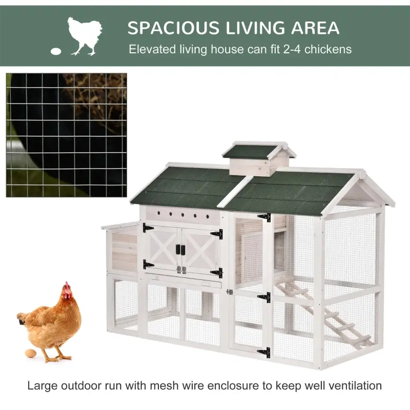 PawHut Wooden Chicken Coop Hen House with Removable Tray and Nest Box, 71" Rabbit Hutch and Poultry Cage with Ventilated Holes , White
