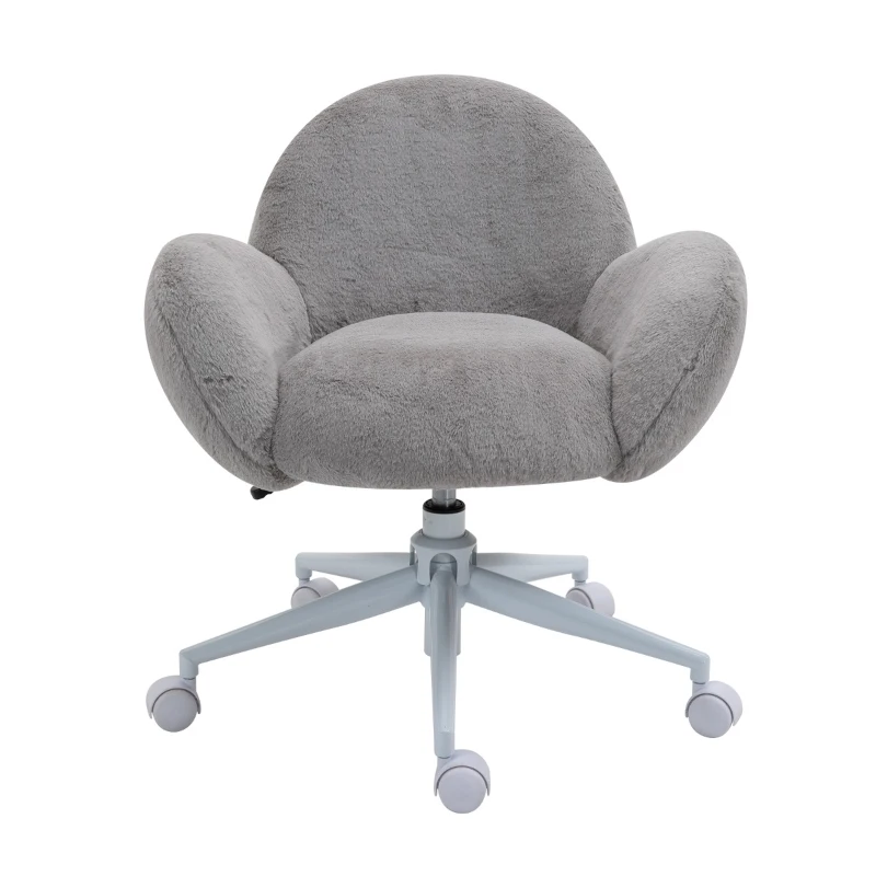 HOMCOM Faux Fur Leisure Chair Accent Chair Office Swivel Chair with Mid-Back Wide Design, Adjustable Seat Height, Steel Base, Wheels, Grey