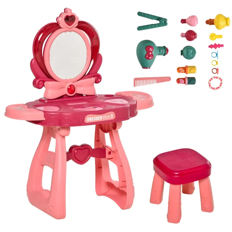 Qaba Kids Vanity Makeup Table Set with Chair, 36-Piece Princess Vanity Table and Comfortable Safe Stool, Imaginative Toy, Beauty Kits, Lights for 3 Years Old Red, Pink