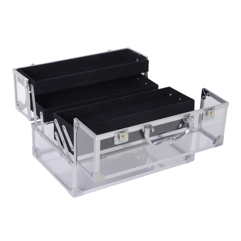HOMCOM Portable Makeup Case Train Case Lockable Aluminum w/ 4 Trays & Bottom Drawer Sliver